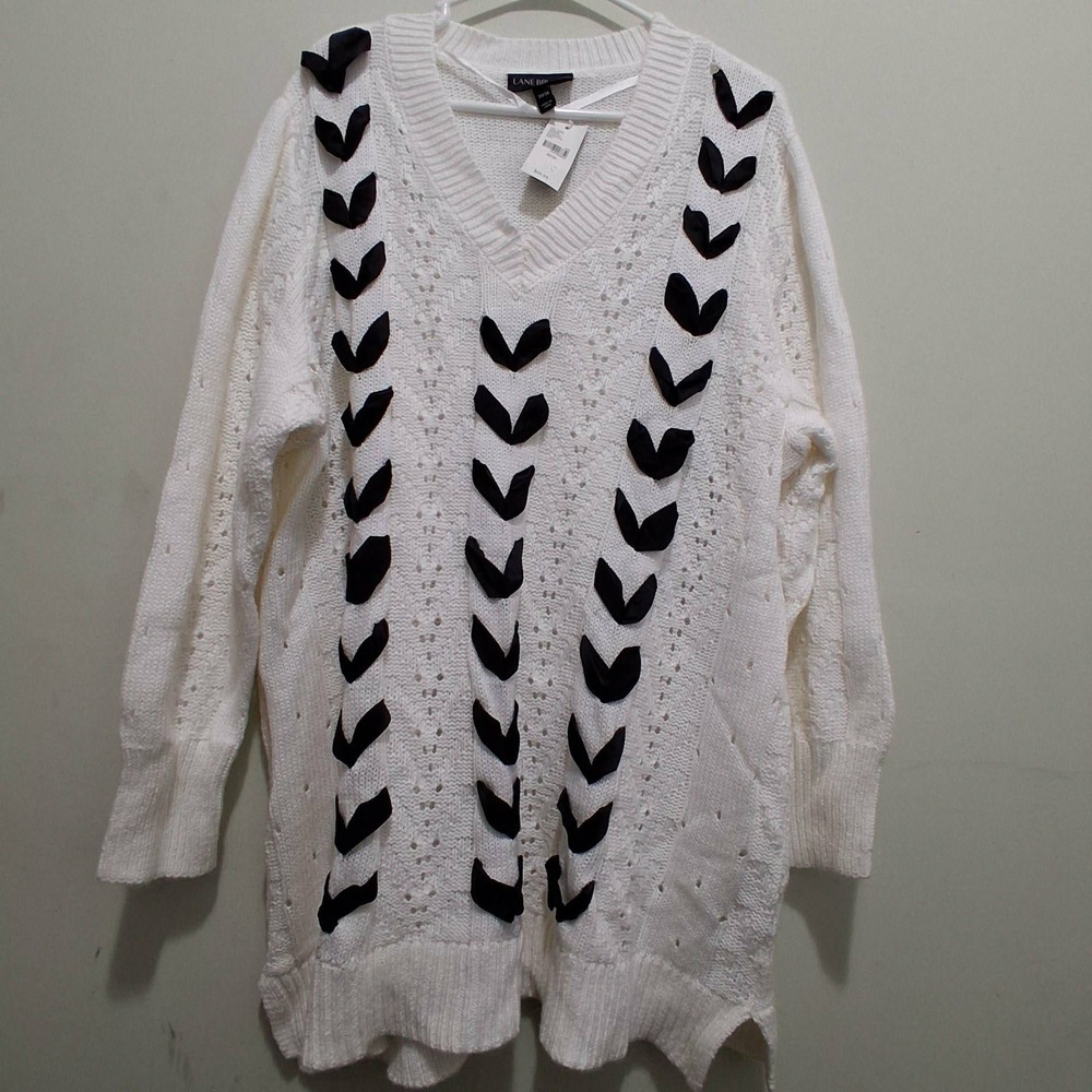 Lane Bryant Sweater Womens Plus 22/24 White V-Neck Pointelle‎ Ribbon Pullover